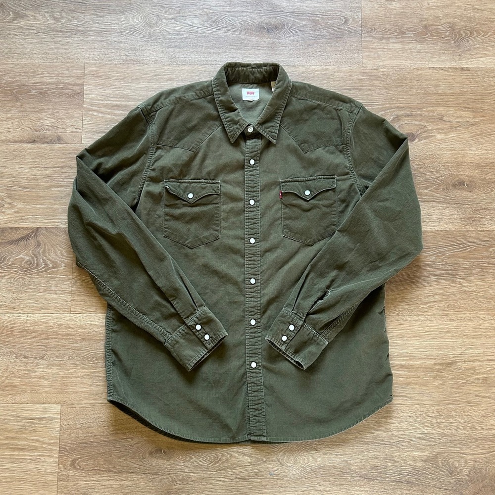Levis Mens XL Olive Green Corduroy Western Snap Front Long Sleeve Shirt